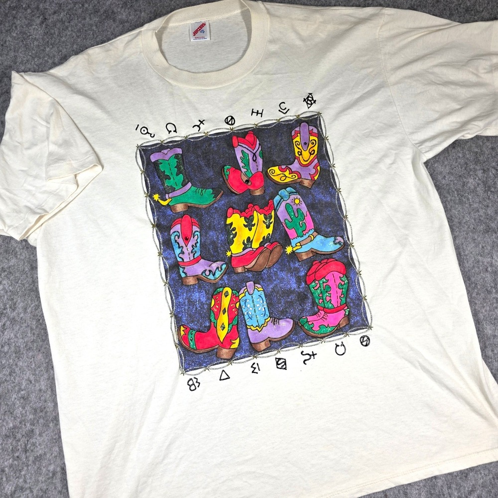 Vintage Jerzees Cowboy Boots T Shirt Glitter Puff 90s USA Single‎ Stitch sz XXL
